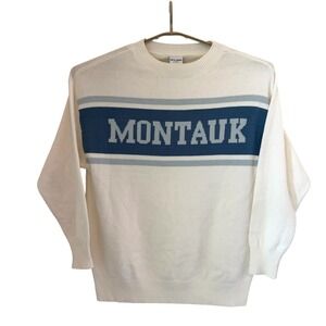 Moonrise Montauk Spellout Sweater Small White Blue Crew Hampton Oversize READ